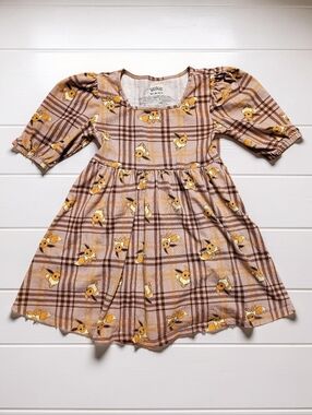 POKEMON Girls' Brown Plaid Flutter-Sleeve Dress. Size 8. Excellent Condition!